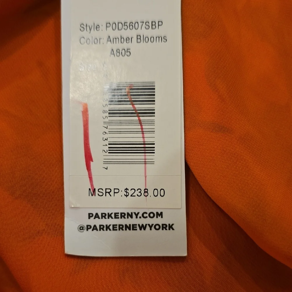 Parker Vibrant Orange Blouse with Blue Floral Pattern, S, NWT - Picture 3 of 5